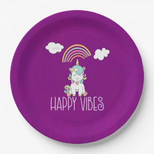 Assiettes En Carton Happy Vibes Typographie Awesome Rainbow & Unicorn