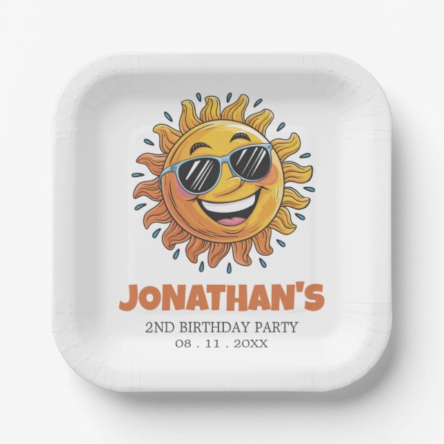 Assiettes En Carton Happy Yellow Sun with Sunglasses Birthday Party    (Recto)
