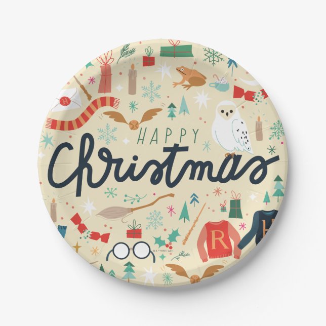 Assiettes En Carton Harry Potter | Joyeux Noël Avec Icônes Festives (Devant)