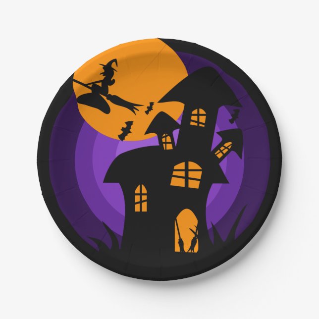 Assiettes En Carton Hauné House Witch Purple Orange Halloween Party (Devant)