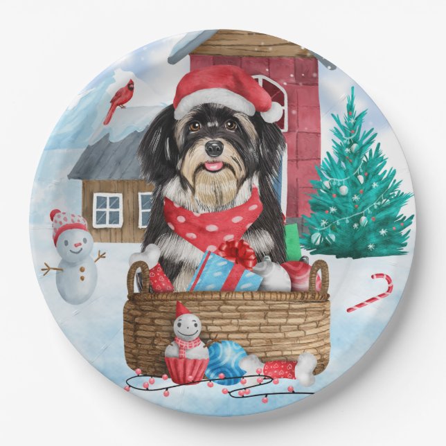 Assiettes En Carton Havanese Dog In snow Christmas Dog House (Devant)