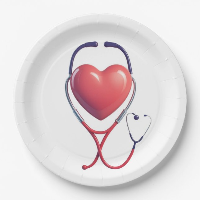 Assiettes En Carton Heart & Stethoscope Paper Plate | Medical Party Su (Devant)