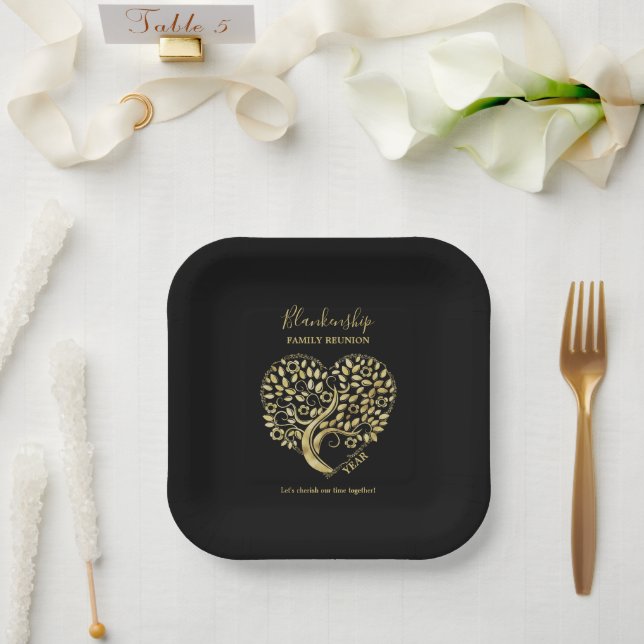Assiettes En Carton Heart Tree Family Reunion Black Gold (Mariage)