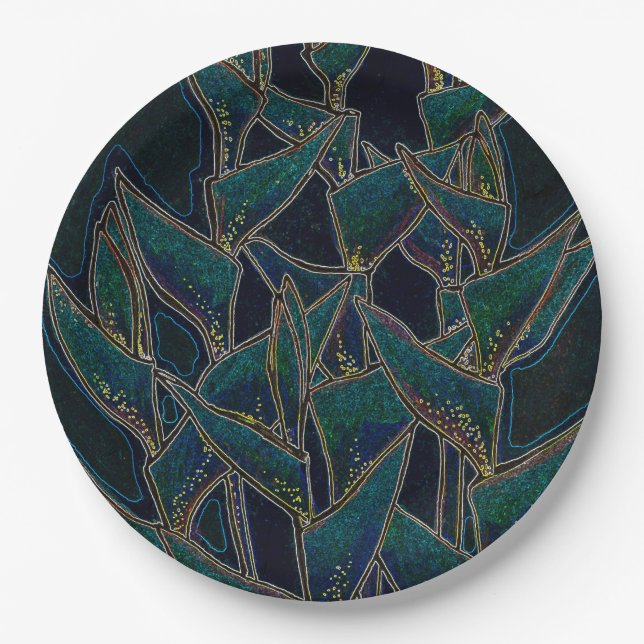 Assiettes En Carton Heliconia Rostrata Fleurs tropicales Noir floral (Devant)