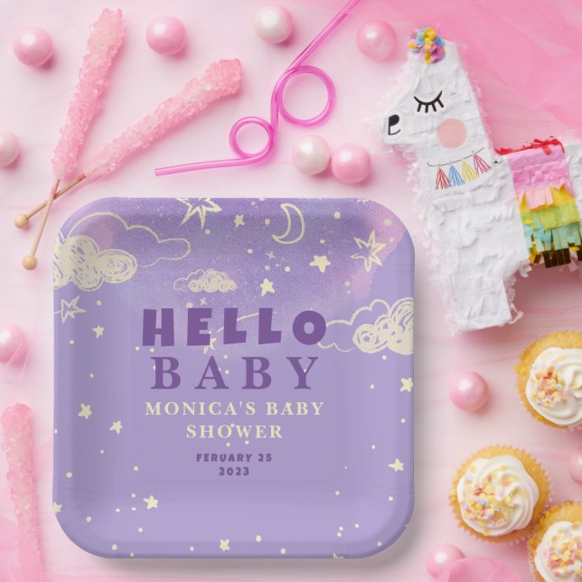 Assiettes En Carton Hello Baby Purple Dream Baby shower Plaque en papi (Fête)