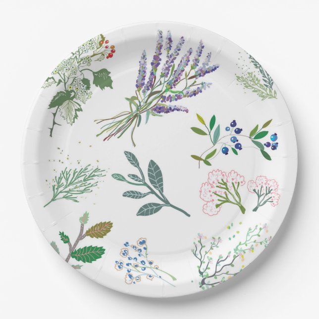 Assiettes En Carton Herbes et feuillage vert et blanc (Devant)