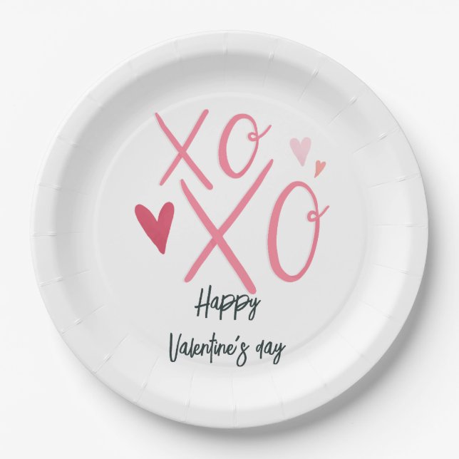 Assiettes En Carton Heureuse Sainte-Valentin de coeur rose "XOXO" (Devant)
