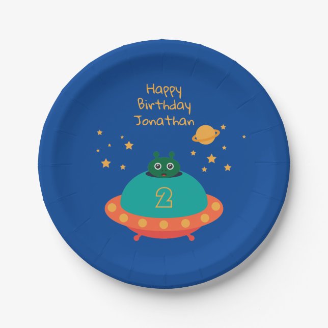 Assiettes En Carton Heureux Anniversaire Alien Avec Nom Et Âge (Devant)