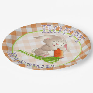 Assiettes En Carton Heureux Bunny de Pâques Orange En vichy Motif