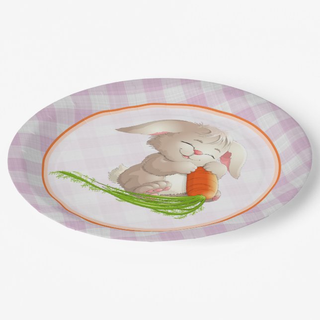 Assiettes En Carton Heureux Bunny Pâques rose En vichy Motif (Angle)