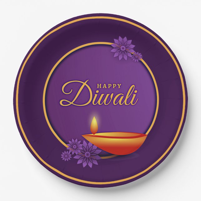 Assiettes En Carton Heureux Diwali Diya bougie violet or (Devant)