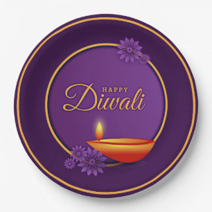 Assiettes En Carton Heureux Diwali Diya bougie violet or 9"