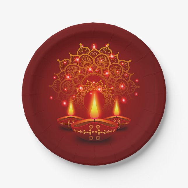 Assiettes En Carton Heureux Diwali Rouge or étincelle Mandala Diya bou (Devant)