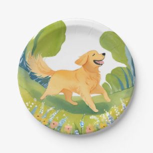 Assiettes En Carton Heureux Golden Retriever Chien Aquarelle Claire