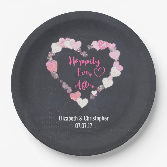 Assiettes En Carton Heureux Jamais après la Glittery Mariage de Coeurs (Devant)
