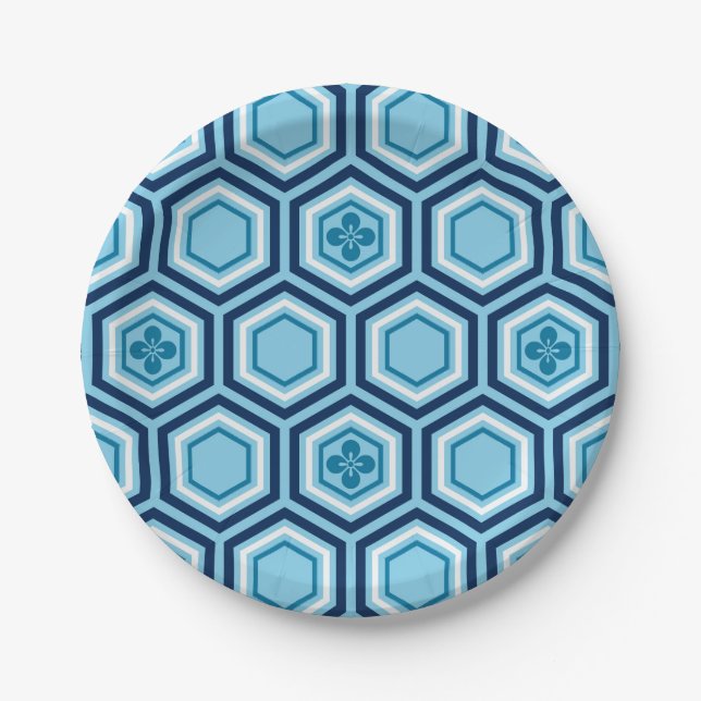 Assiettes En Carton Hexagonal Kimono Imprimer, Marine et Bleu clair (Devant)