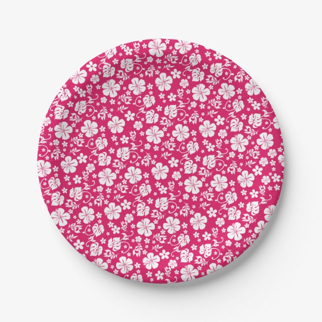 Assiettes En Carton Hibiscus blanc sur Hot Pink Tropical Hawaiian (Devant)
