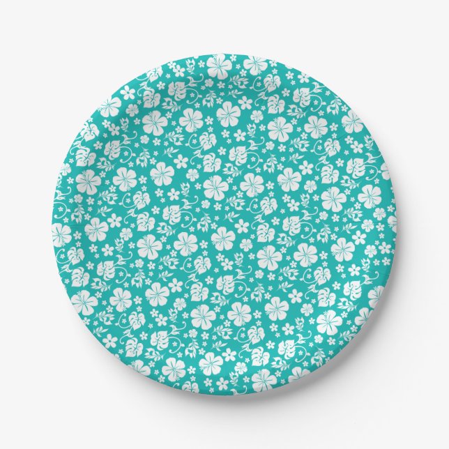 Assiettes En Carton Hibiscus blanc sur Turquoise Tropical (Devant)