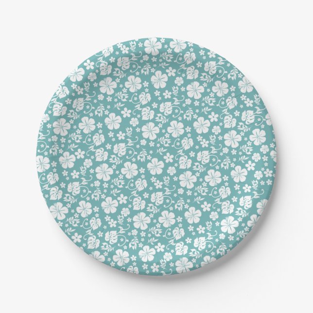Assiettes En Carton Hibiscus blanc sur Turquoise tropical hawaïen (Devant)