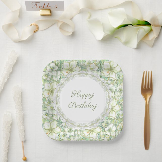 Assiettes En Carton Hibiscus & dentelle BLANC (Mariage)