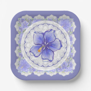 Assiettes En Carton Hibiscus & dentelle BLEU