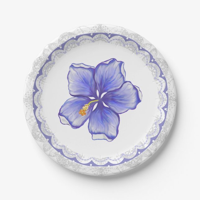 Assiettes En Carton Hibiscus & dentelle BLEU (Devant)
