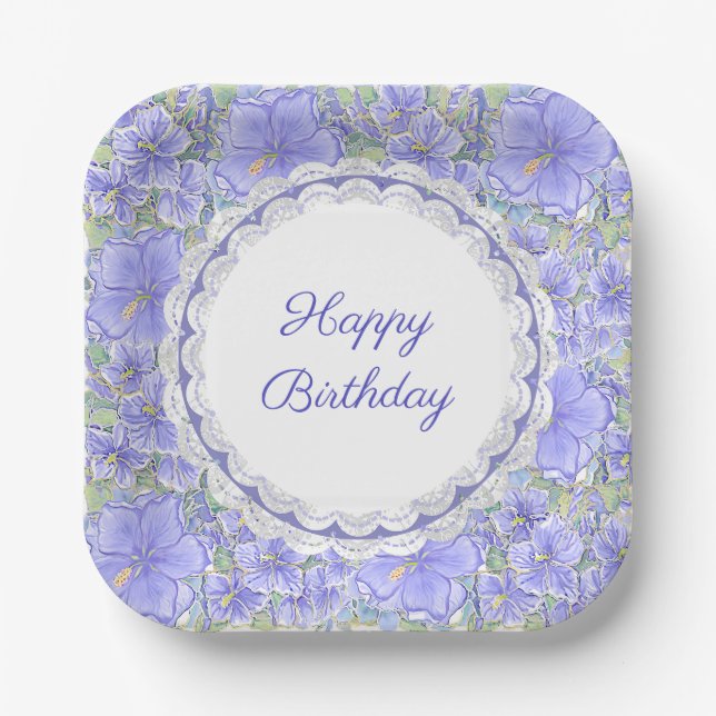 Assiettes En Carton Hibiscus & dentelle BLEU (Recto)