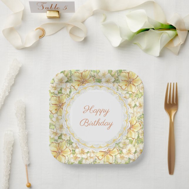 Assiettes En Carton Hibiscus & dentelle JAUNE (Mariage)