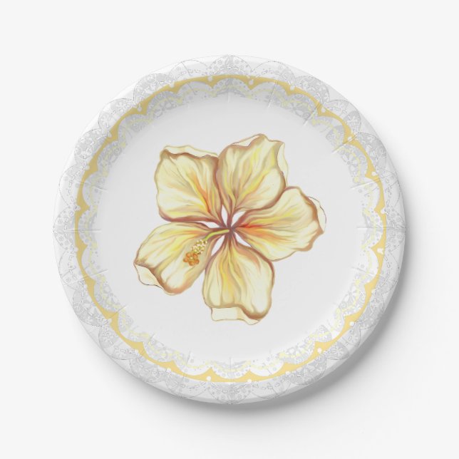 Assiettes En Carton Hibiscus & dentelle JAUNE (Devant)