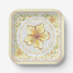 Assiettes En Carton Hibiscus & dentelle JAUNE