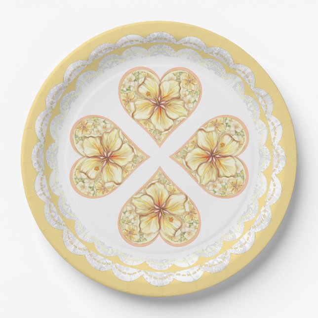 Assiettes En Carton Hibiscus & dentelle JAUNE (Devant)