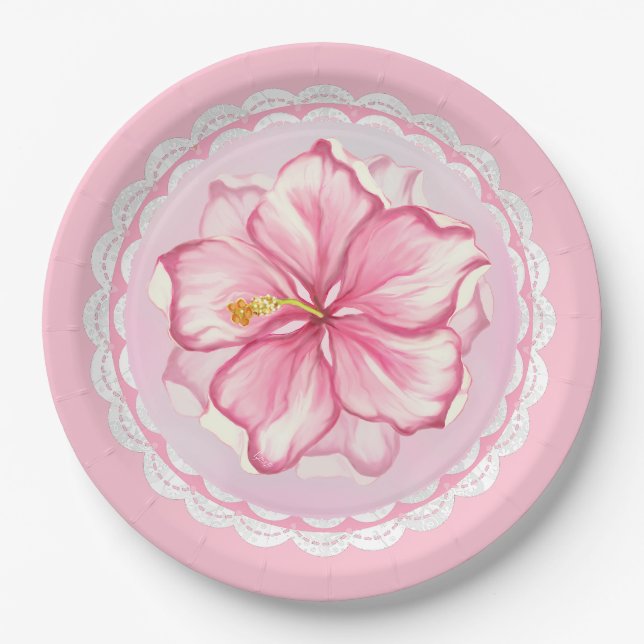 Assiettes En Carton Hibiscus & dentelle PINK (Devant)