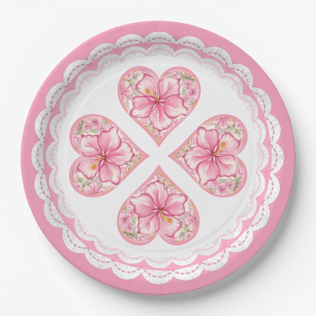 Assiettes En Carton Hibiscus & dentelle PINK (Devant)