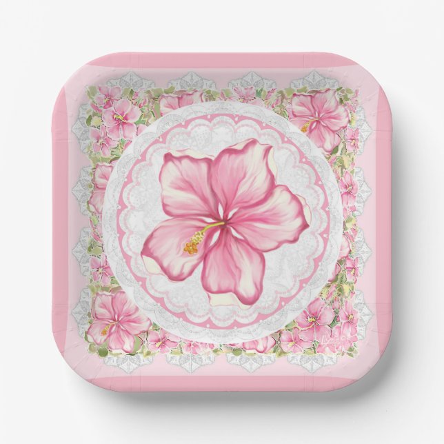 Assiettes En Carton Hibiscus & dentelle PINK (Recto)