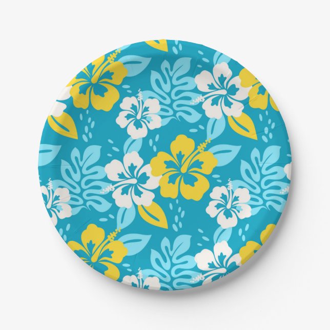 Assiettes En Carton Hibiscus hawaïen bleu motif floral (Devant)