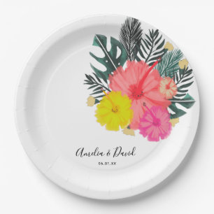 Assiettes En Carton Hibiscus Hawaii Tropical Main tiré Mariage floral