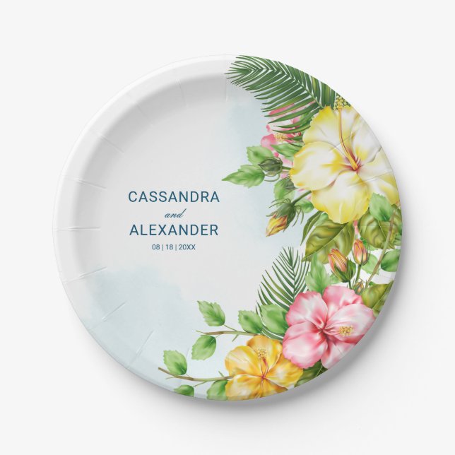 Assiettes En Carton Hibiscus Hawaiian Tropical Floral Mariage (Devant)