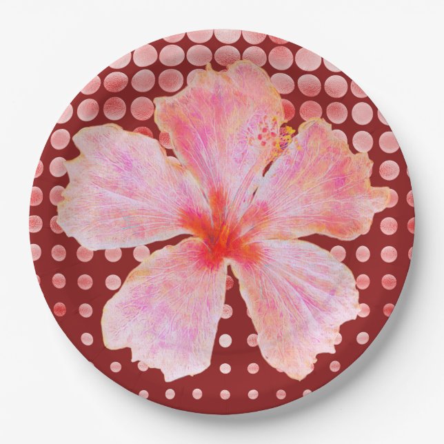 Assiettes En Carton Hibiscus rose sur Arrière - plan à pointes rouges (Devant)
