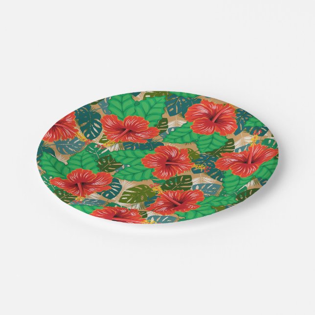 Assiettes En Carton Hibiscus rouge hawaïen Luau Mariage (Angle)