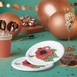 Assiettes En Carton Hibiscus rouge tropical avec Feuilles verts