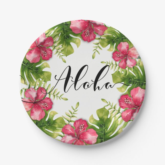 Assiettes En Carton Hibiscus Tropical Blanc Feuilles ALOHA Wedding Par (Devant)