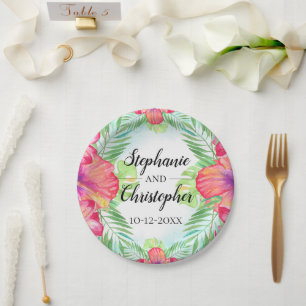 Assiettes En Carton Hibiscus tropical Fleur d'aquarelle de plage Maria