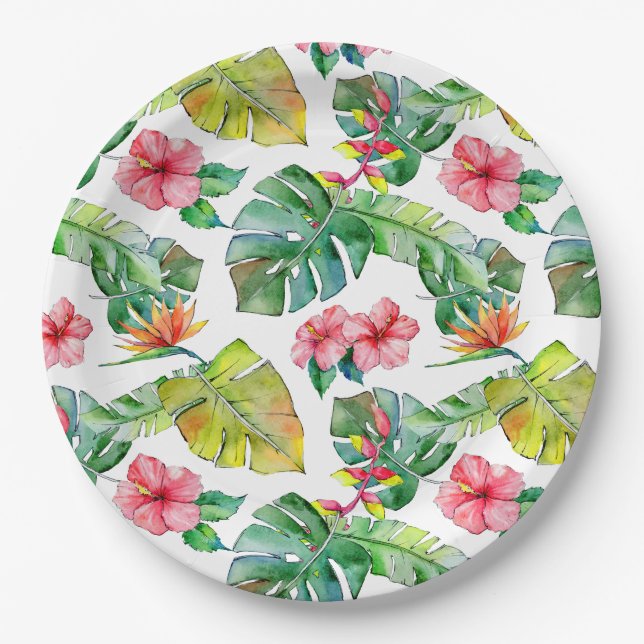 Assiettes En Carton Hibiscus tropical Palm Feuille Hawaiian (Devant)