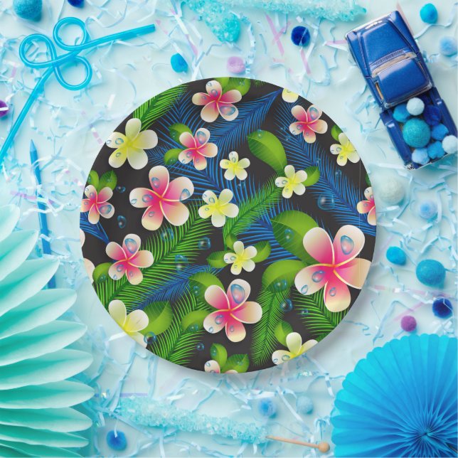 Assiettes En Carton Hibiscus Tropical Plaques Papier Rose Et Jaune (Fête)