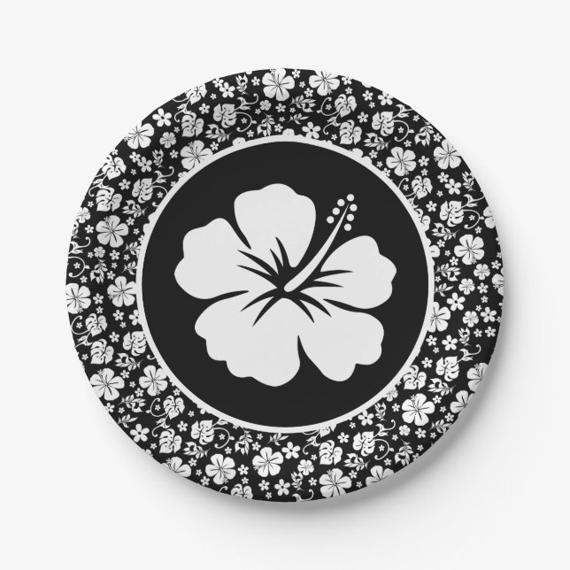 Assiettes En Carton Hibiscus tropical sur plaque de papier noir (Devant)