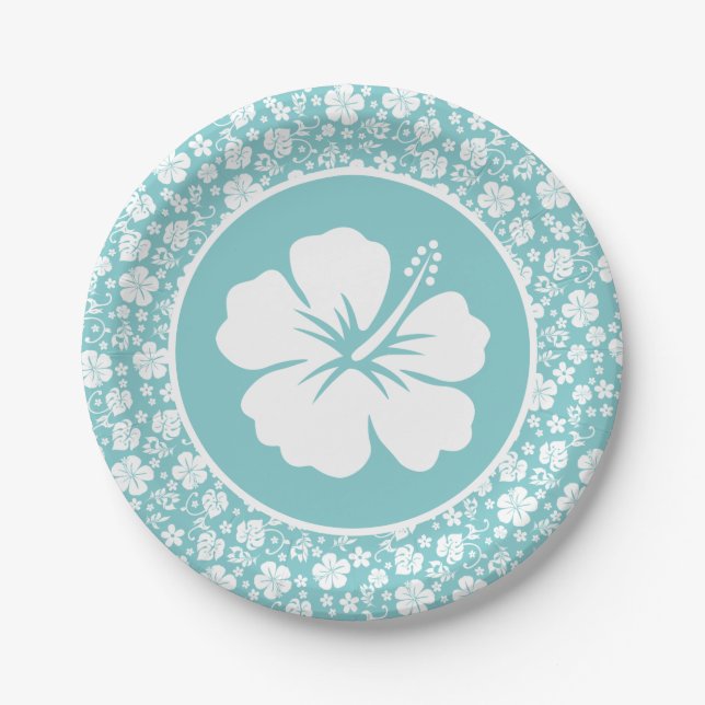Assiettes En Carton Hibiscus tropical sur plaque de papier turquoise (Devant)