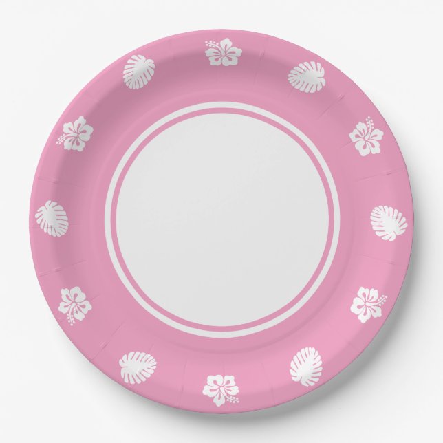 Assiettes En Carton Hibiscus tropicaux en plaque de papier rose pétale (Devant)