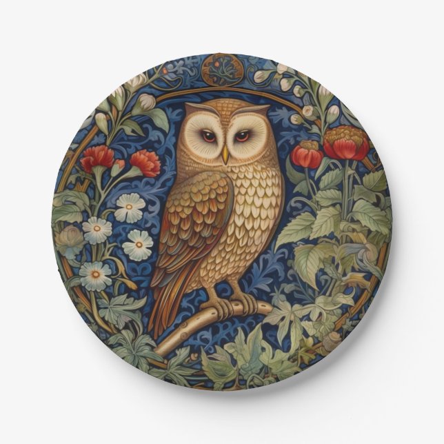 Assiettes En Carton Hibou dans le jardin style William Morris (Devant)