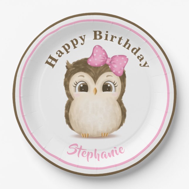 Assiettes En Carton Hibou Woodland Aquarelle rose Nom de l'anniversair (Devant)