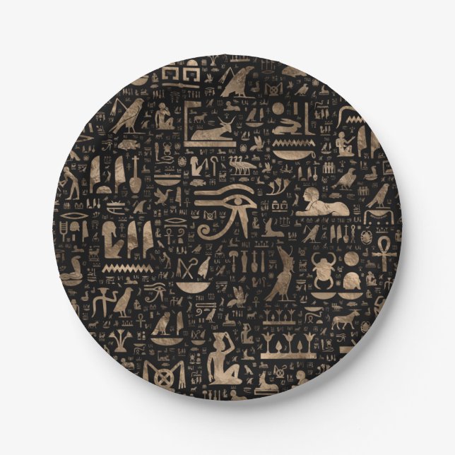 Assiettes En Carton Hiéroglyphes égyptiens antiques - noir et or (Devant)